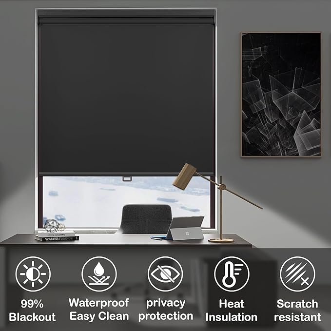 HESTIA No Drill Cordless Blackout Roller Shades Screwless Waterproof Shower Window Blinds, Auto-Retraction Easy Install Blind for Bathroom/Kitchen/Office/Exterior, Black, 40.5" W x 54" H