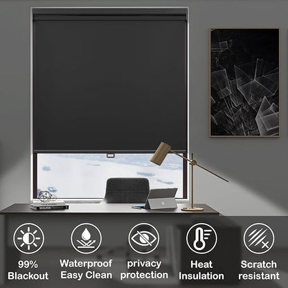 HESTIA No Drill Cordless Blackout Roller Shades Screwless Waterproof Shower Window Blinds, Auto-Retraction Easy Install Blind for Bathroom/Kitchen/Office/Exterior, Black, 56.5" W x 72" H