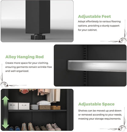 COFaR Metal Wardrobe Cabinet with Hanging Rod, 71 inches Tall Bedroom Armoire Wardrobe Closet for Home, Office, Garage, Laundry Room Black