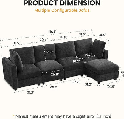 116'' 4-Seater Modular Sectional Cloud Sofa with Ottoman, Convertible L-Shaped Couch for Living Room, Modern Deep Seat Modular Sofa, Chenille Dark Grey