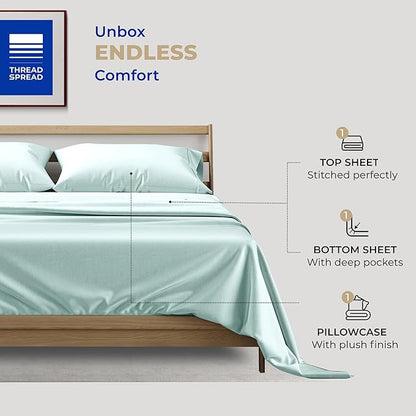 THREAD SPREAD 100% Cotton Bed Sheets Twin XL Set - 400 Thread Count Cotton Twin XL Sheets Only, 3 PC Set (Sea Foam), Soft, Breathable, Cooling, Sateen Weave 16" Deep Pocket Bedsheet for Hot Sleepers