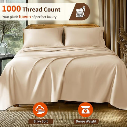 LBRO2M 1000 Thread Count 100% Egyptian Cotton Sheets Set Twin, 3 Piece Sets Bed Sheet Deep Pocket Sheet Set 16" Soft Comfortable All Season (Twin, Cream)