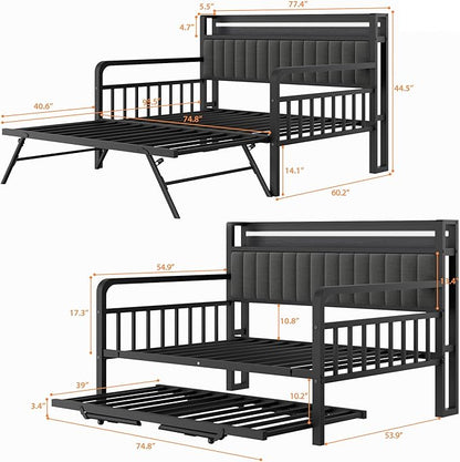 Daybed with Trundle and LED Light, Heavy Duty Metal Full Bed Frame with Upholstered Storage Headboard & Charging Station, Day Bed Pop Up Trundle Bed for Living Room,Bedroom and Guest Room, Black