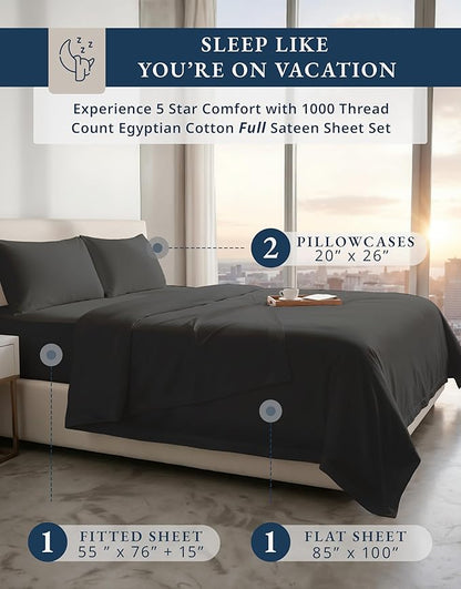 LANE LINEN 100% Egyptian Cotton Sheets Set Full Size Bed - 1000 Thread Count, Fully Elasticized Reinforced Seams Extra Deep Pocket Full Sheets Set, No Pill Fade Resistant Cooling - Black