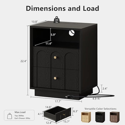 Nightstand Set of 2 with Charging Station, Mid Century Modern Nightstand with Arched Design, Minimalist End Table Wood Grain Bedside Tables for Bedroom or Living Room, Black