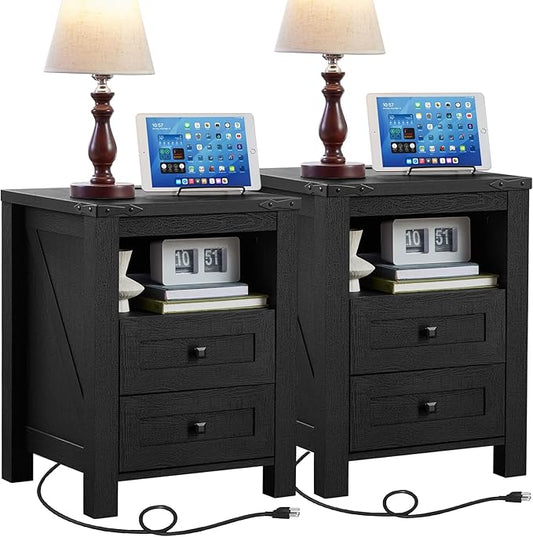 Joaxswe Night Stands with Charging Station Set of 2, Farmhouse Nightstand, Wooden Bedside End Tables with 2 Drawers and Open Shelf, Bed Side Table for Bedroom, Living Room, Closet, Office (Black)