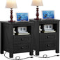 Joaxswe Night Stands with Charging Station Set of 2, Farmhouse Nightstand, Wooden Bedside End Tables with 2 Drawers and Open Shelf, Bed Side Table for Bedroom, Living Room, Closet, Office (Black)