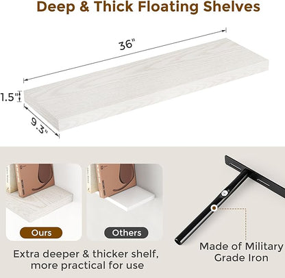 Fun Memories Farmhouse Floating Shelves for Wall, 48 x 9.3 Large Floating Shelf Wall Mounted, Rustic Wood Shelves for Bathroom, Kitchen, Living, Heavy-Duty Storage Deep Shelf for Books, Decor, Brich
