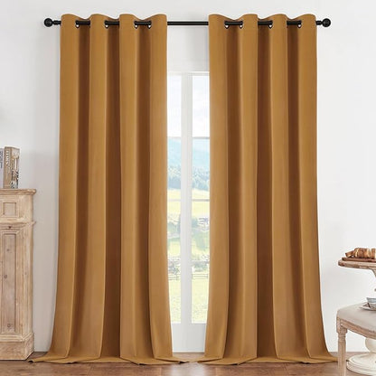 Joydeco Mustard Yellow 100% Blackout Curtains 108 Inch 2 Panels, Luxury Thermal Yellow Velvet Curtains for Bedroom Living Room, Soundproof Blackout Window Drapes, Grommet Top (52W x 108L)