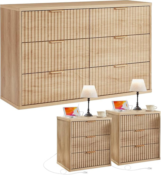 LEYAOYAO 48" Wide Fluted Dresser and 3 Drawers 23" Nightstand Set of 2, Wooden Dresser & Night Stand with Charging Station, 3 Piece Bedroom Furniture Set, Chest of Drawer for Living Room,Natural Wood