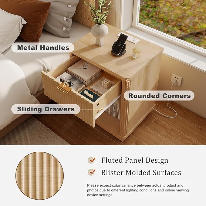 LYNCOHOME Fluted Nightstand with Charging Station, Bedside Table for Bedroom with 1 Drawer Storage, Night Stand for Bedroom，Natural