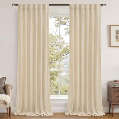 LAMIT Beige Velvet Curtains 90 Inches for Living Room, Elegant Thermal Insulated Panels Noise Reducing Back Tab and Rod Pocket Drapes for Bedroom/Farmhouse, 2 Panels, 52 x 90 Inch