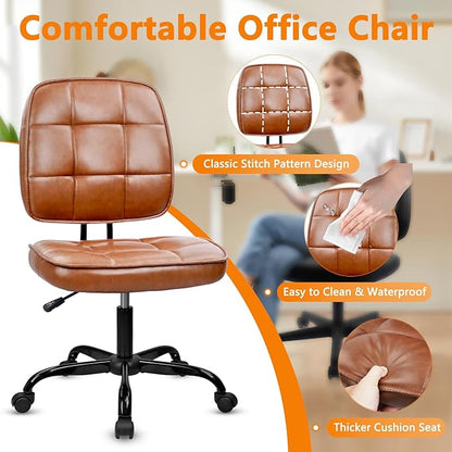 CLATINA Armless Home Office Chair with Lumbar Support and Wheels, Small PU Leather Ergonomic Low Back Desk Chairs No Arms, Adjustable Height 360° Swivel Rolling Computer Task Chair, Brown, 6 Pack