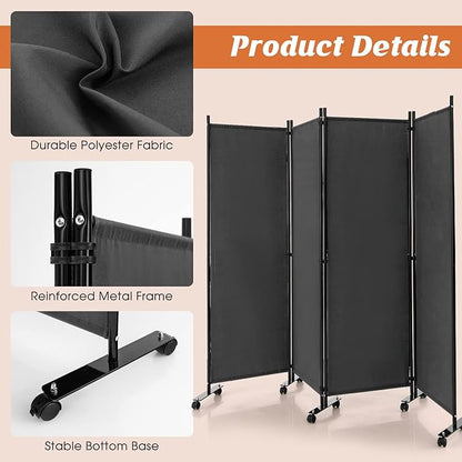 GOFLAME 4 Panel Folding Room Divider, 6FT Rolling Privacy Screen with Lockable Wheels, Portable Room Partition Screen, Freestanding Wall Divider and Separator for Home Office, Grey