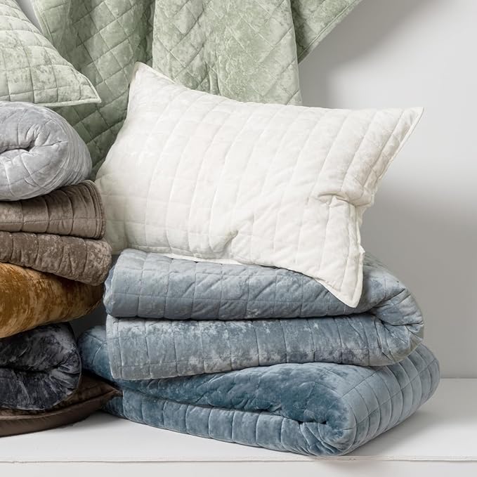 RECYCO Luxury Velvet Quilt Set Full Queen Size Bedding Sets, Ultra Soft Velvet Comforter Set, Lightweight Channel Box Stitch Oversized Bedspread Coverlet for All Season, with 2 Shams, Blue Linen
