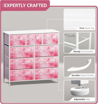 Sorbus Kids Dresser with 9 Drawers - Furniture Storage Chest Tower Unit for Bedroom, Hallway, Closet, Office Organization - Steel Frame, Wood Top, Tie-dye Fabric Bins (Pink, Tie-dye)