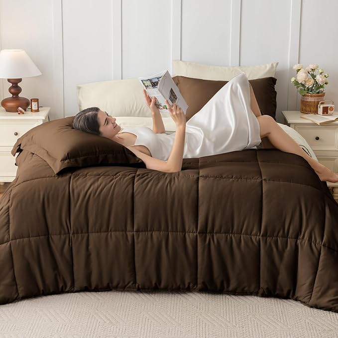 JOLLYVOGUE Full Comforter Set, Ultra-Soft Bed in a Bag Full Size 7 Pieces, Oeko-TEX Certified Bedding Set with Down Alternative Comforter, Sheets, Pillowcases & Shams, Brown & Beige