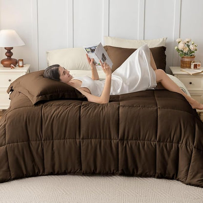 JOLLYVOGUE Full Comforter Set, Ultra-Soft Bed in a Bag Full Size 7 Pieces, Oeko-TEX Certified Bedding Set with Down Alternative Comforter, Sheets, Pillowcases & Shams, Brown & Beige