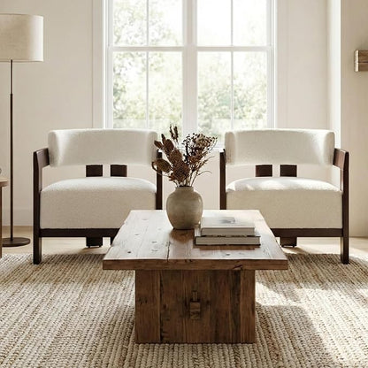 Beige Barrel Accent Chairs Set of 2, Cozy Upholstered Living Room Chair for Bedroom, Walnut Wood Frame, Vintage Modern Lounge Reading Chairs for Apartment Waiting Room Office,Beige
