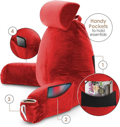 Nestl Reading Pillow with Shredded Memory Foam Includes 2 Neck and Lumber Support Pillows, Designed for Sitting Up in Bed and Couch, Back and Arms Adjustable Support for Adult & Teens, Red