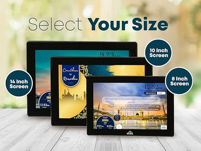 Masjidal 10" Digital Azan Clock with WiFi, Dynamic Touch Screen, Worldwide Prayer Times, Full Quran Player, Islamic Art, Streaming Halal Muslim Content: Duas, Dhikr, Hadith, Surah of The Day, Black