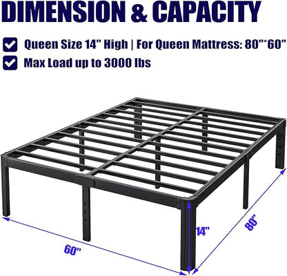 Hunlostten 14in High Queen Bed Frame No Box Spring Needed, Heavy Duty Metal Platform Bed Frame Queen Size with Round Corners, Easy Assembly, Noise Free, Black
