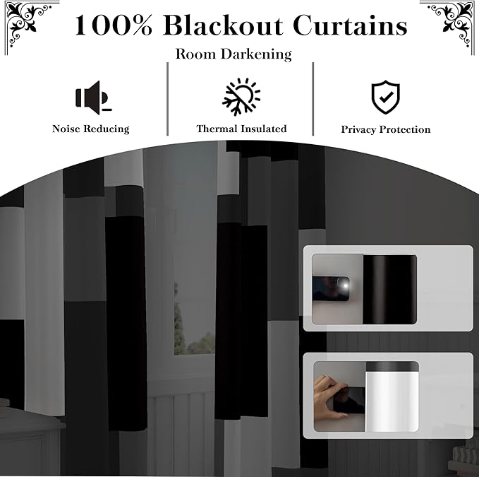 Black Grey 100% Blackout Curtains for Bedroom 63 inch Long 2 Panels Set White Gray Modern Abstract Geometric Black Out Curtains Insulated Room Darkening Window Drapes for Living Room, 52Wx63L