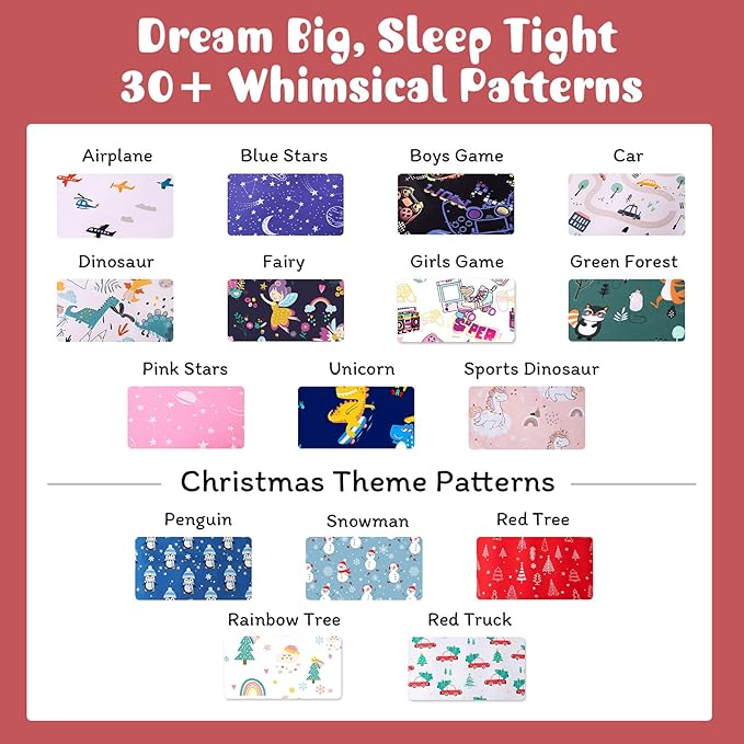 JSD Dinosaur Kids Christmas Sheet Set Twin Size, 3 Piece Soft Printed Microfiber Bed Sheets Deep Pocket