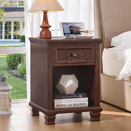 SAVOR LIFE Farmhouse End Tables Living Room with Drawer, Rustic Wood Nightstand with Charging Station, Brown Bedside Table with Open Shelf for Bed Room, Living Room, Walnut
