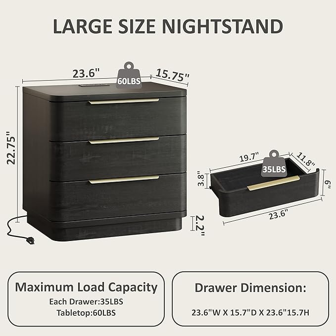 Black Nightstands Set of 2, Bedside Table with 3 Storage Drawers, 24" Tall Wood Night Stand with Charging Station, Modern Wide End Table Side Table W/Metal Handle Curved Profile for Bedroom