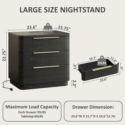 Black Nightstands Set of 2, Bedside Table with 3 Storage Drawers, 24" Tall Wood Night Stand with Charging Station, Modern Wide End Table Side Table W/Metal Handle Curved Profile for Bedroom