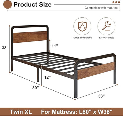 12 Inch Twin XL Bed Frames with Wooden Headboard and Footboard, No Box Spring Needed, Heavy Duty Metal Mattress Foundation, Noise Free, Easy Assembly, Black