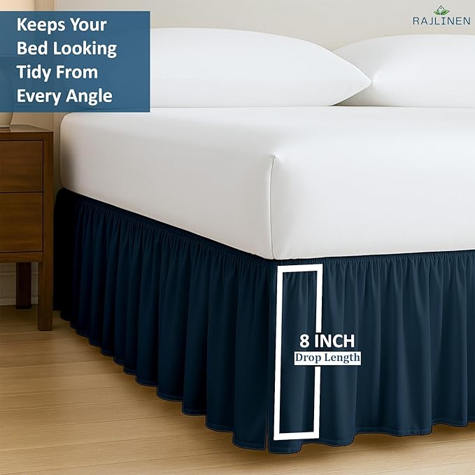 Rajlinen Ruffled Bed Skirt Full, 8 Inch Drop Dust Ruffle with Split Corners, 100% Microfiber Bedskirt with Platform, Three-Sided Coverage Ruffled Gathering Design, Navy Blue