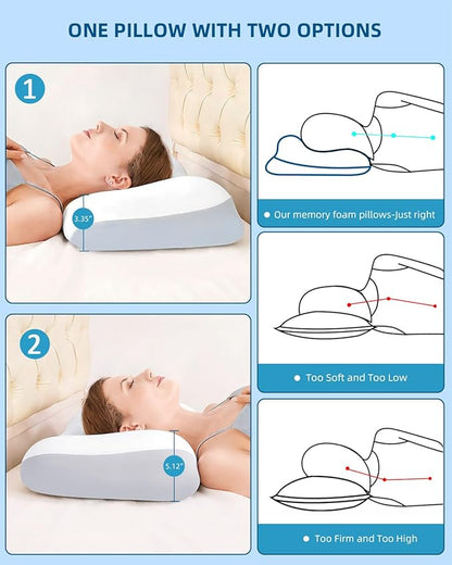 Sleep Pillow Ergonomic Contour Design Cooling Memory Foam Pillows for Neck Support, Side & Back Sleepers White Gray