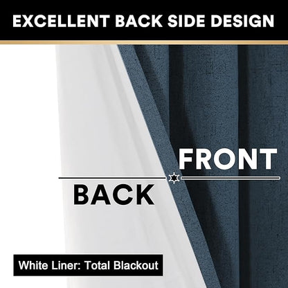PrinceDeco Primitive Textured Linen 100% Blackout Curtains for Bedroom/Living Room Energy Saving Window Treatment Curtain Drapes, Burlap Fabric with White Thermal Insulated Liner (52 x 96 Inch, Navy)