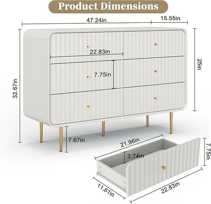 HLR Fluted 6 Drawers Dresser, 48'' Wide Modern Chest of Drawers with Gold Metal Handles,Dresser TV Stand for 2 Piece, Wood Dressers & Chest of Drawers for Bedroom, Living Room, Hallway (White)