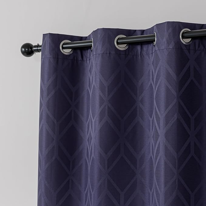 Amazon Basics Jacquard 2-Piece 100% Blackout Curtains, Living Room and Bedroom Drapes, Thermal Insulated Window Treatment, 42"x63", Dark Blue