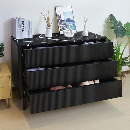 Fluted 6 Drawers Dresser for Bedroom,52" Wide Handleless Chest of Drawers with Faux Marble Top, Wooden Dresser TV Stand, Wood Drawer Organizer for Living Room, Hallway, Black
