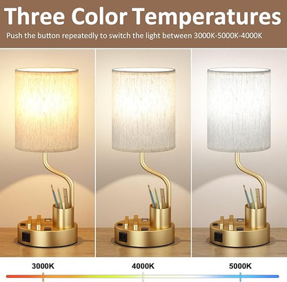 Gold Bedside Table Lamps for Bedroom Set of 2 - Nightstand Light with AC Outlet and USB A & C for Charging, 3 Color Temperatures Desk Lamp with Pen Holder & Phone Stand for Living Room/Dorm/Office
