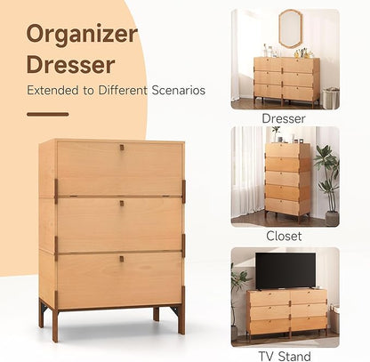 Stackable 3 Drawers Dresser, Customizable Chest of Drawers for Bedroom, Living Room, Hallway, Entryway, Easy Assembly Wood Furnitures Cabinet, 24 inch Width Beech Color