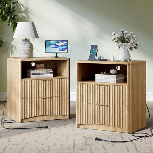 Evermagin Fluted Nightstand Set of 2 with Charging Station, Natural Oak Bedside Table with 2 Drawers, Wood End Table with Storage Mid Century Modern, Large Night Stand for Bedroom