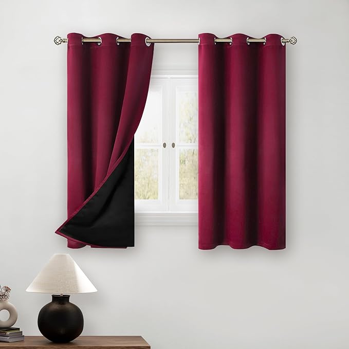 BGment Short 100% Blackout Curtains for Bedroom, Thermal Insulated Lined Energy Efficiency Noise Reducing Grommet Curtains 54 Inch Length for Small Window 2 Panels Each 42 Inch Wide, Burgundy Red