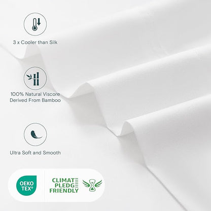 LuxClub Queen Sheet Set, 100% Viscose Derived from Bamboo Cooling Sheets, Breathable & Soft Deep Pocket Up to 16", Hotel Luxury Silky Sheets Queen Size, White
