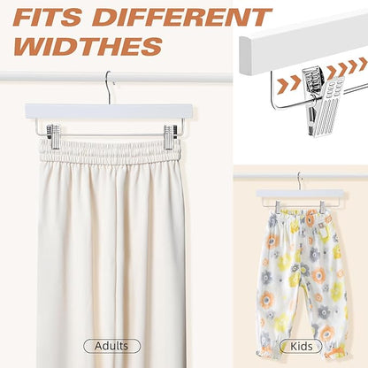 BAGAIL 10 Pack Wooden Pants Hangers with Adjustable Clips, 360°Swivel Hook Space Saving Skirt Holders with Anti-Rust Clips for Trousers, Jeans, Shorts (White)