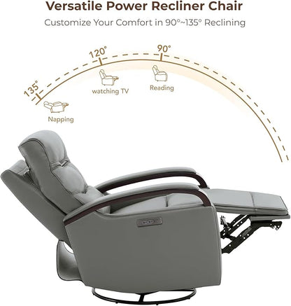 CHITA Genuine Leather Power Swivel Glider Rocker Recliner, FSC Certified Mid Century Modern Recliner Chair for Adults, Adjustable Power Headrest, for Nursery and Living Room, Haze