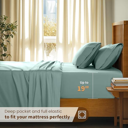 LBRO2M 100% Cotton Sheets Set Deep Pocket 19", 1000 Thread Count California King Size 4 Piece Bed Sheet Sets Soft Comfortable Bedding All Season (California King, Sage Green)