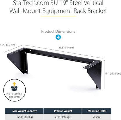 StarTech.com 3U 19" Wall Mount Vertical Rack Bracket, Wall Mount Patch Panel Bracket for Data/AV/IT/Computer Equipment, 3U Rack for Cabinet or Server Room, Supports 150lb (68kg) , TAA (RK319WALLV)