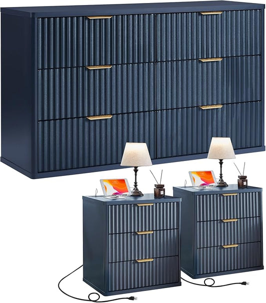 LEYAOYAO 48" Wide Fluted Dresser and 3 Drawers 23" Nightstand Set of 2, Wooden Dresser & Night Stand with Charging Station, 3 Piece Bedroom Furniture Set, Chest of Drawer for Living Room,Navy Blue