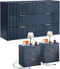 LEYAOYAO 48" Wide Fluted Dresser and 3 Drawers 23" Nightstand Set of 2, Wooden Dresser & Night Stand with Charging Station, 3 Piece Bedroom Furniture Set, Chest of Drawer for Living Room,Navy Blue