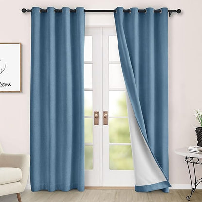Macochico 100% Blackout Chenille Curtains for Living Room Classic Chenille Window Curtain Panels Thermal Drapes for Bedroom Hotel Grommet Curtains with Tieback Ashtray Blue 84" Wx96 L 1 Panel